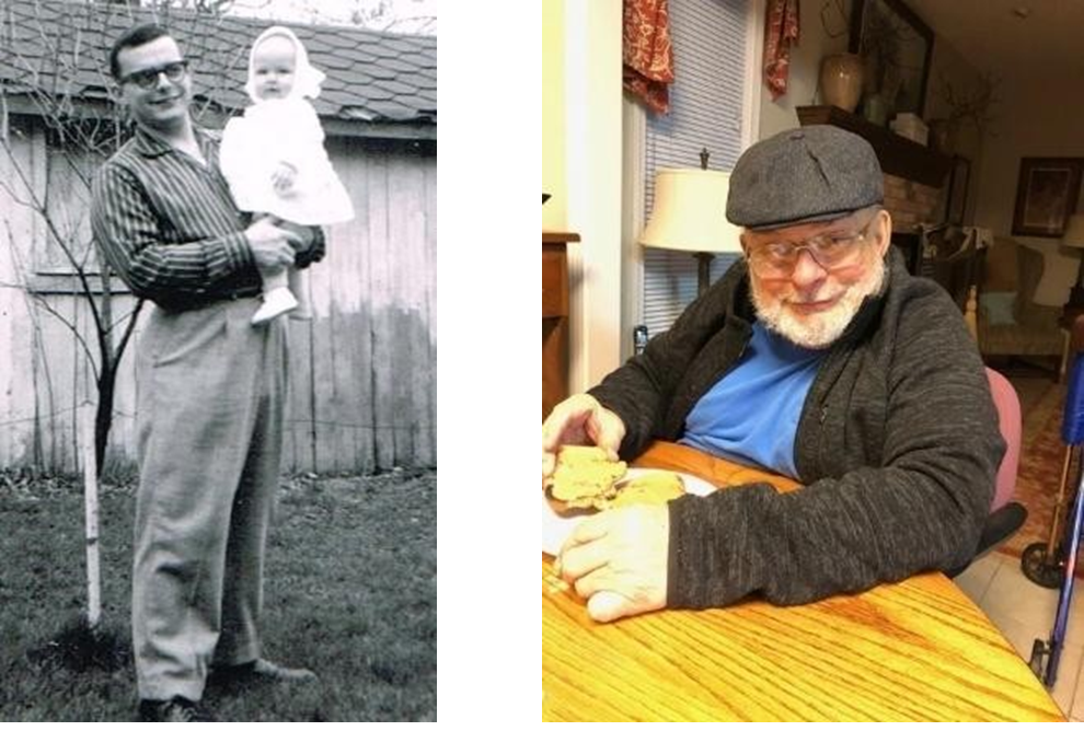 2 pictures.  one shows a man holding a baby.  the second shows a man sitting at a table smiling, eating, wearing a cap